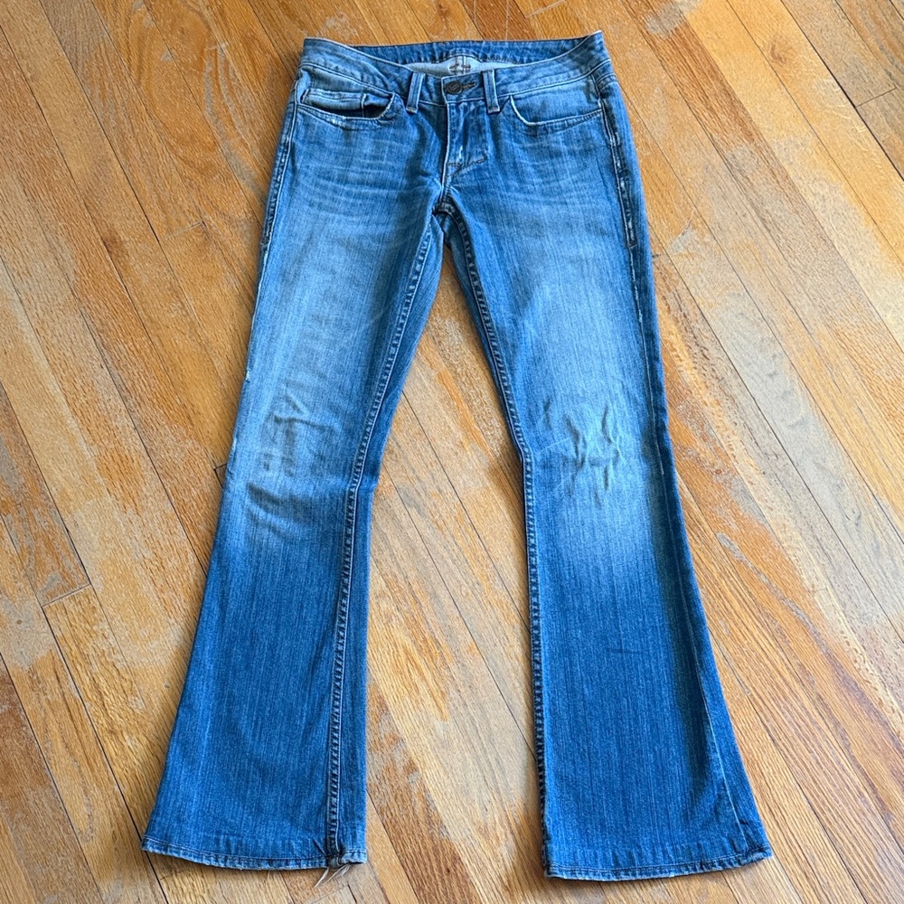 William Rast Light Blue Denim Jeans with Faded Wash, flare, slightly distressed